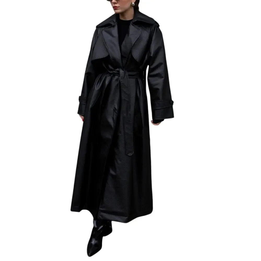 Black Faux Leather Trench Coat Women Long Belted Classic Jacket Stylish - Picture 2 of 12
